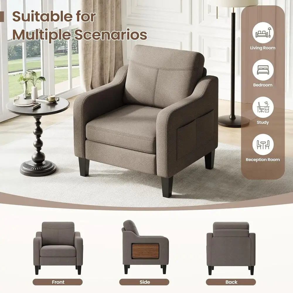 Ern Linen Upholstered Armchair Wooden Side Table Adjustable Comfortable Accent Chair for Living Room Fabric Sofa Design The Pet & Home Store