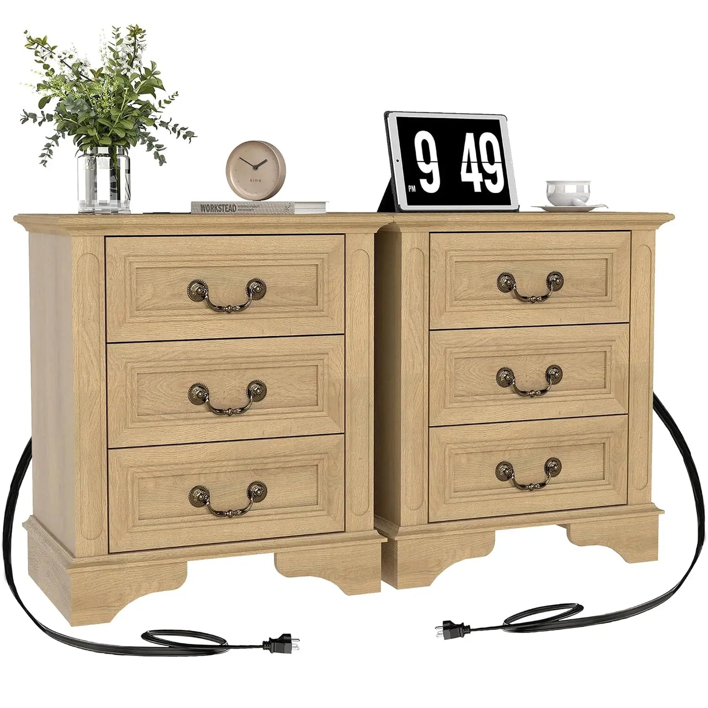 Farmhouse Nightstand Set of 2 with Charging Station & 2-Drawer Storage, Antique White for Bedroom, Custom