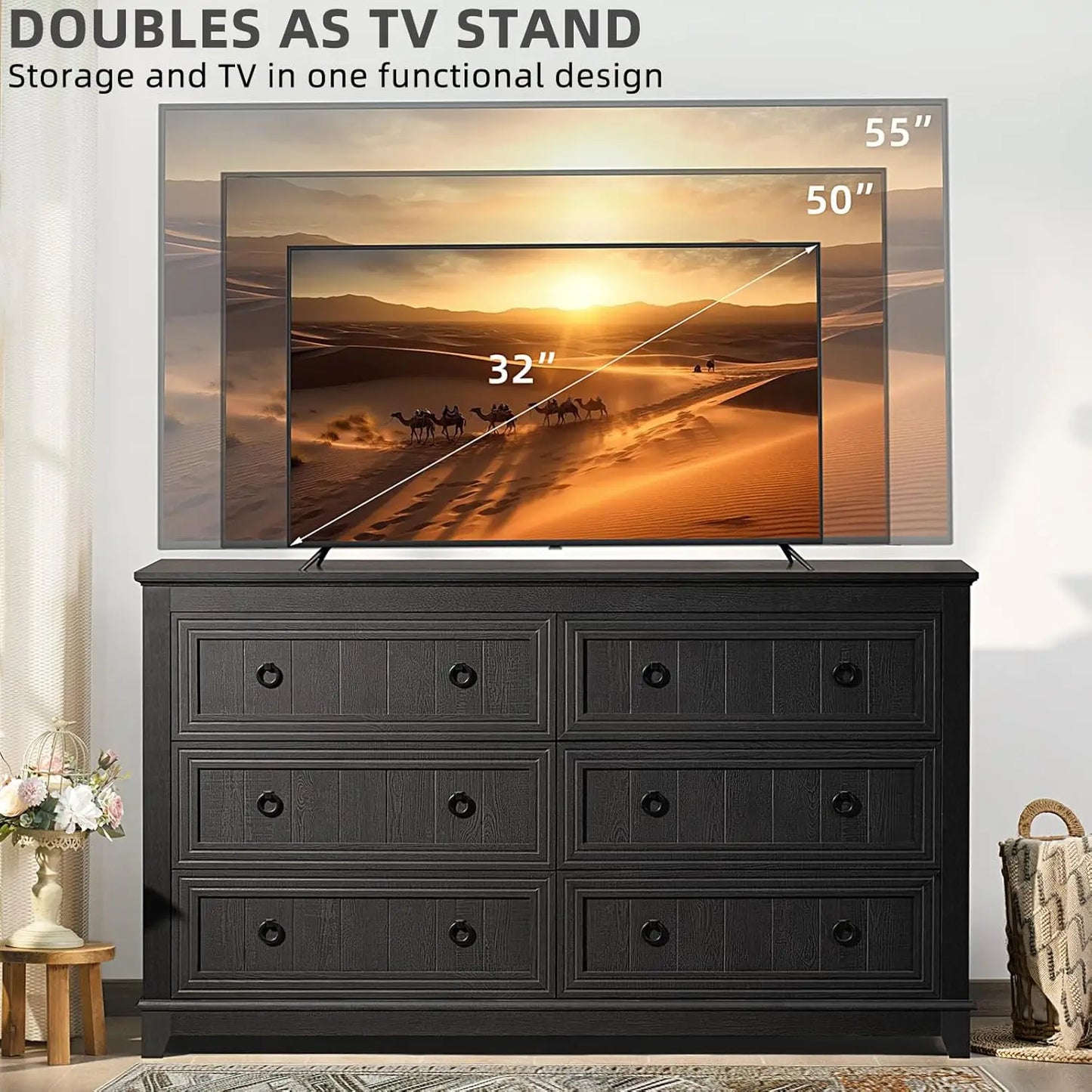6 Drawer Farmhouse Wood Dresser Chest Vintage TV Stand