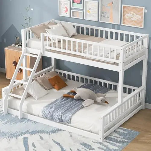 Me Twin XL Over Queen Bunk Bed for Adults Teens, Wooden Floor Bunk Beds Twin XL Over Queen with Ladder and Guardrails
