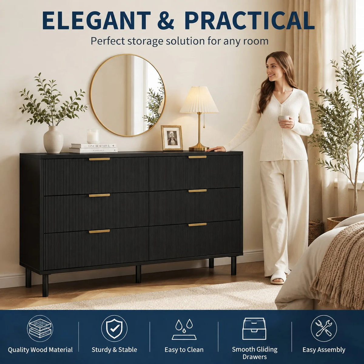 Fluted 6 Drawer Dresser with Metal Legs Wide Storage Cabinet Wood Chest of Drawers Anti Tipping Design Bedroom Living Room Hallway Organizer The Pet & Home Store