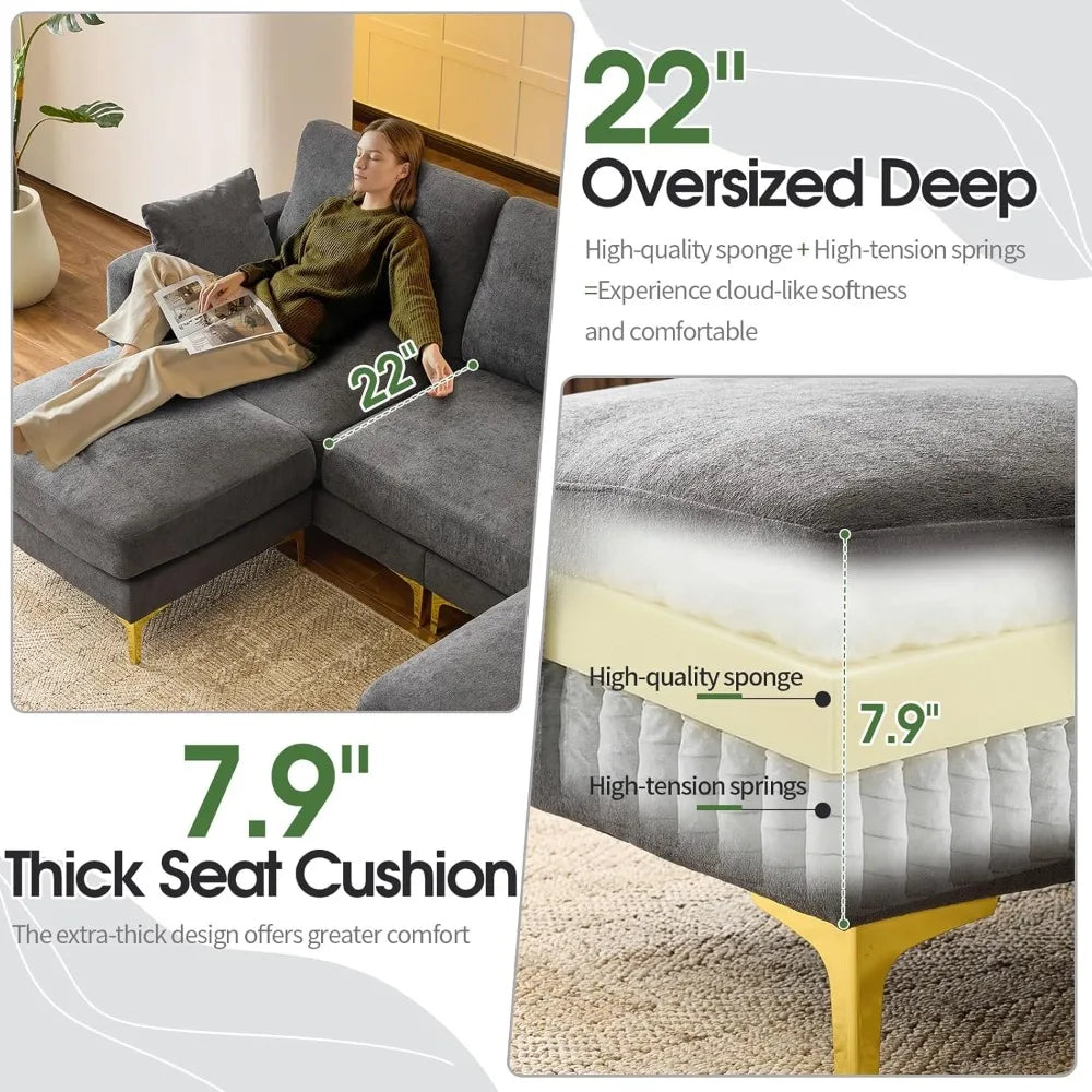 100" W U Shaped Couch with Ottoman, 22" Deep Seat Comfortable Sectional Couches for Living Room,  Chenille Fabric，Customized