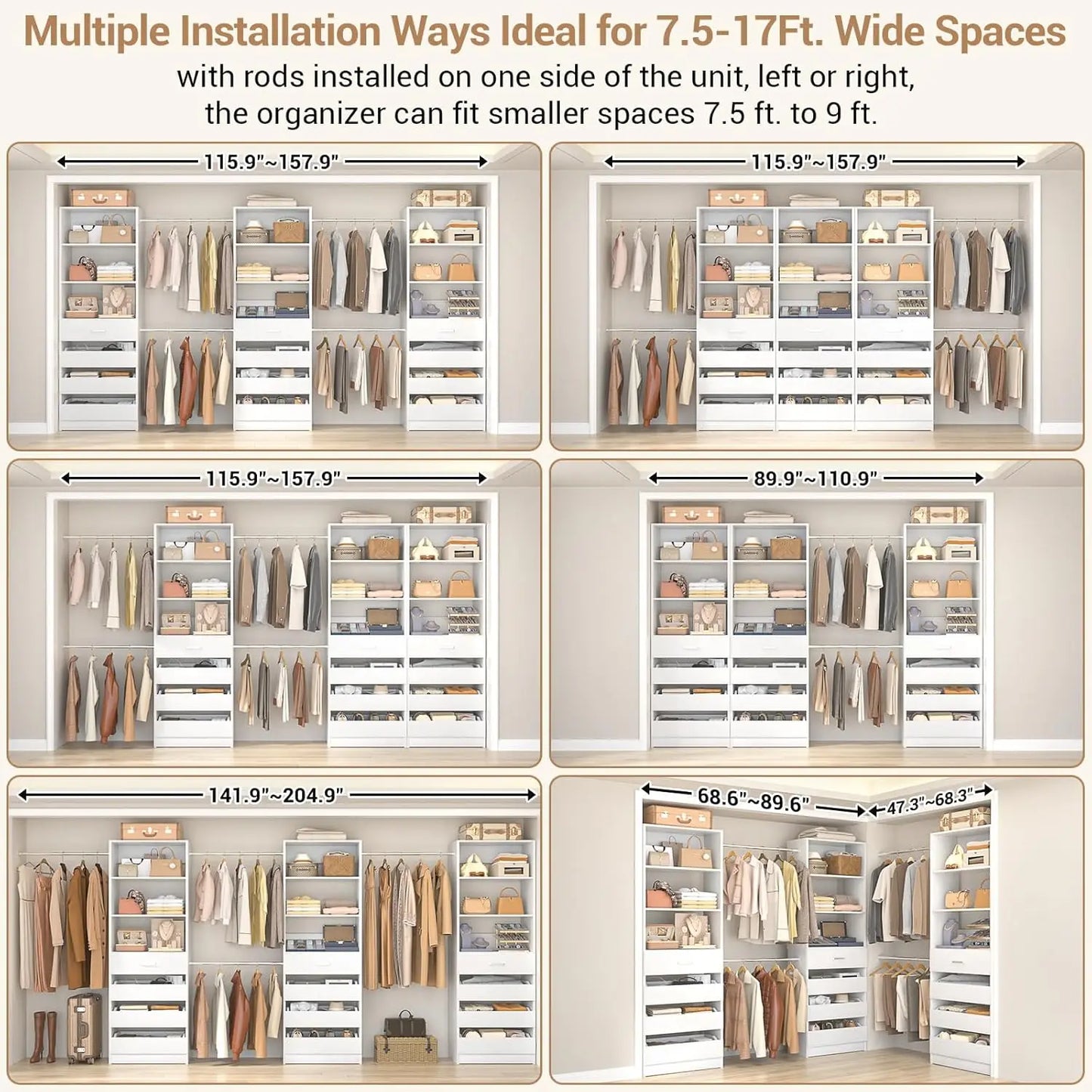 Wooden Closet Organizer System With 4 Rods And 12 Drawers