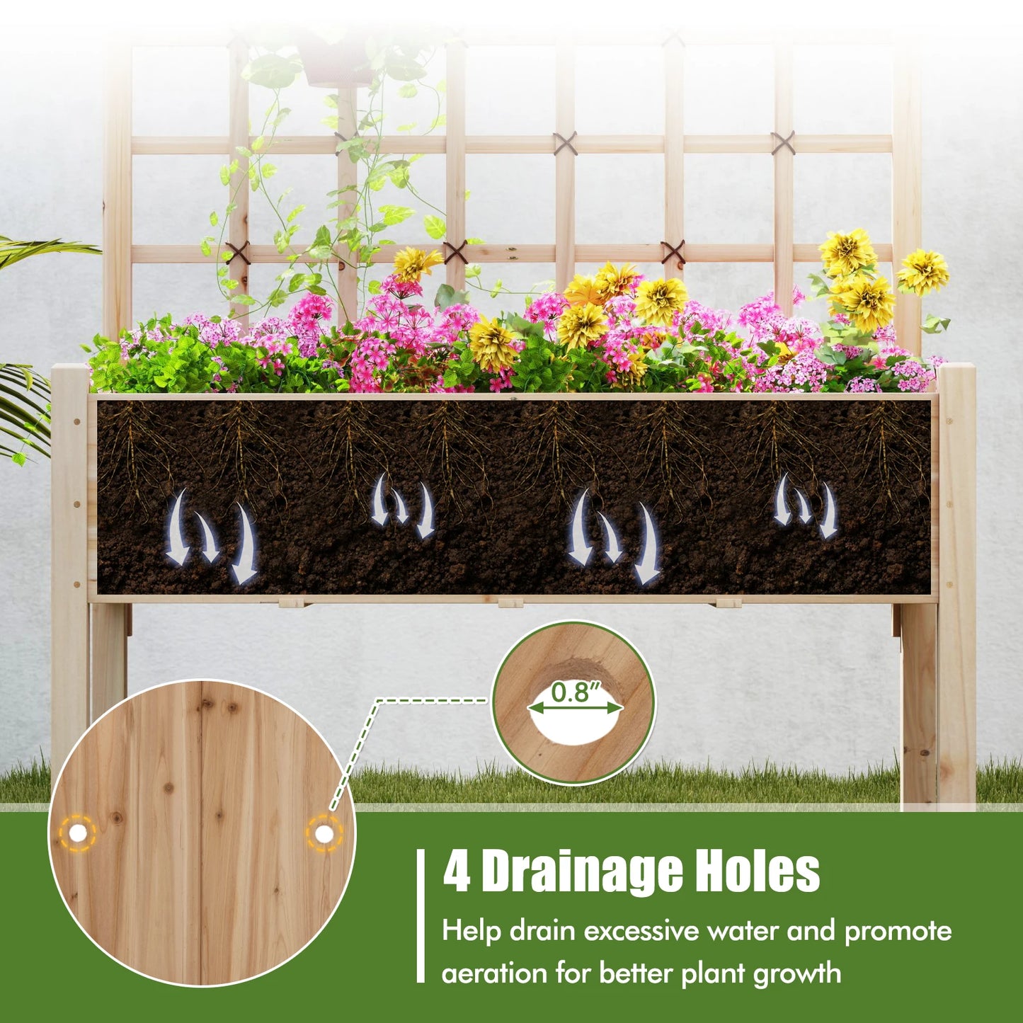 LIFEZEAL Raised Garden Bed With Lattice Trellis And Drainage Holes
