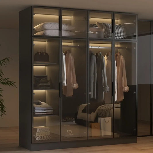 Wardrobe Cabinet With LED Light Strips Modern Armoire Glass Doors