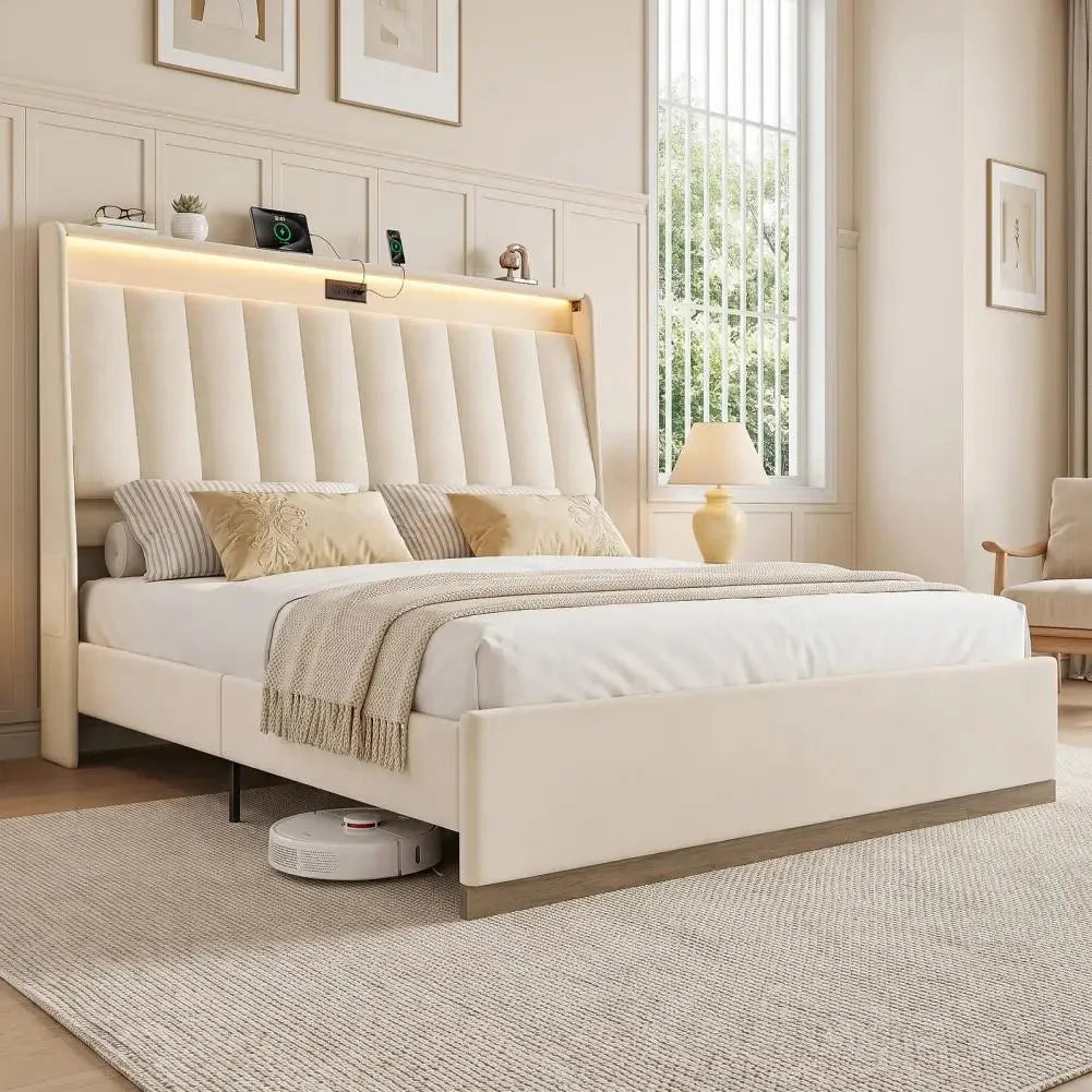 Platform Bedstead, King Size Bed Frame, Upholstered Bed Frame with RGB LED Lighting Charging Station The Pet & Home Store