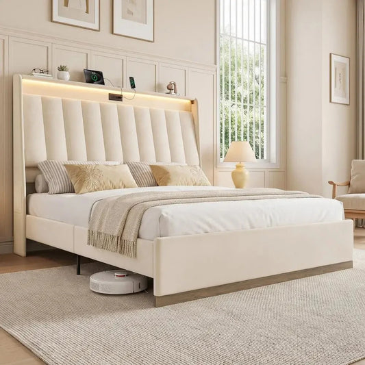 Platform Bedstead, King Size Bed Frame, Upholstered Bed Frame with RGB LED Lighting Charging Station The Pet & Home Store