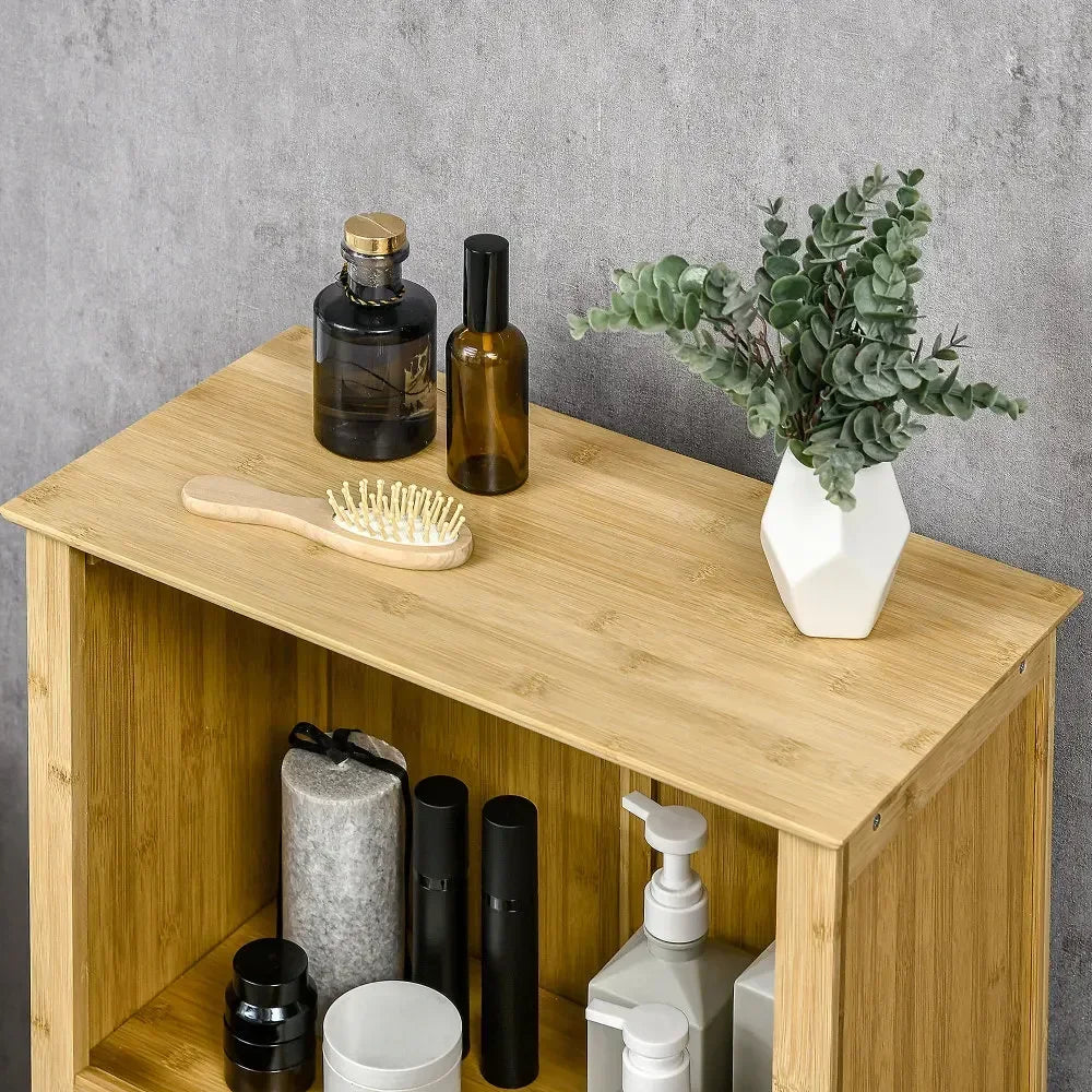 Bamboo Floor Cabinet Bathroom Floor Cabinet Living Room Organizer Tower with Multiple Shelves and Doors, Natural