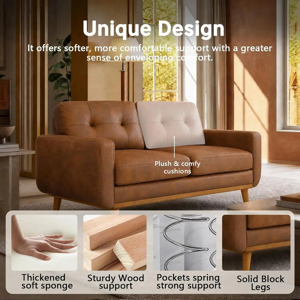 68 Genuine Leather Loveseat Sofa, Comfortable Couch for Living Room or Home Office (Brown, Loveseat, 65)