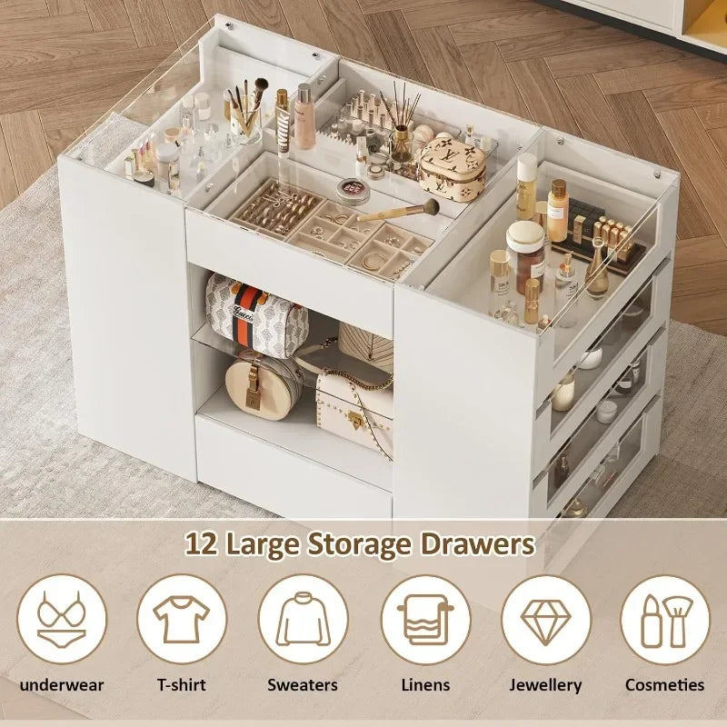 LIVAUVEAD Closet Island Drawers Glass Display Shelf