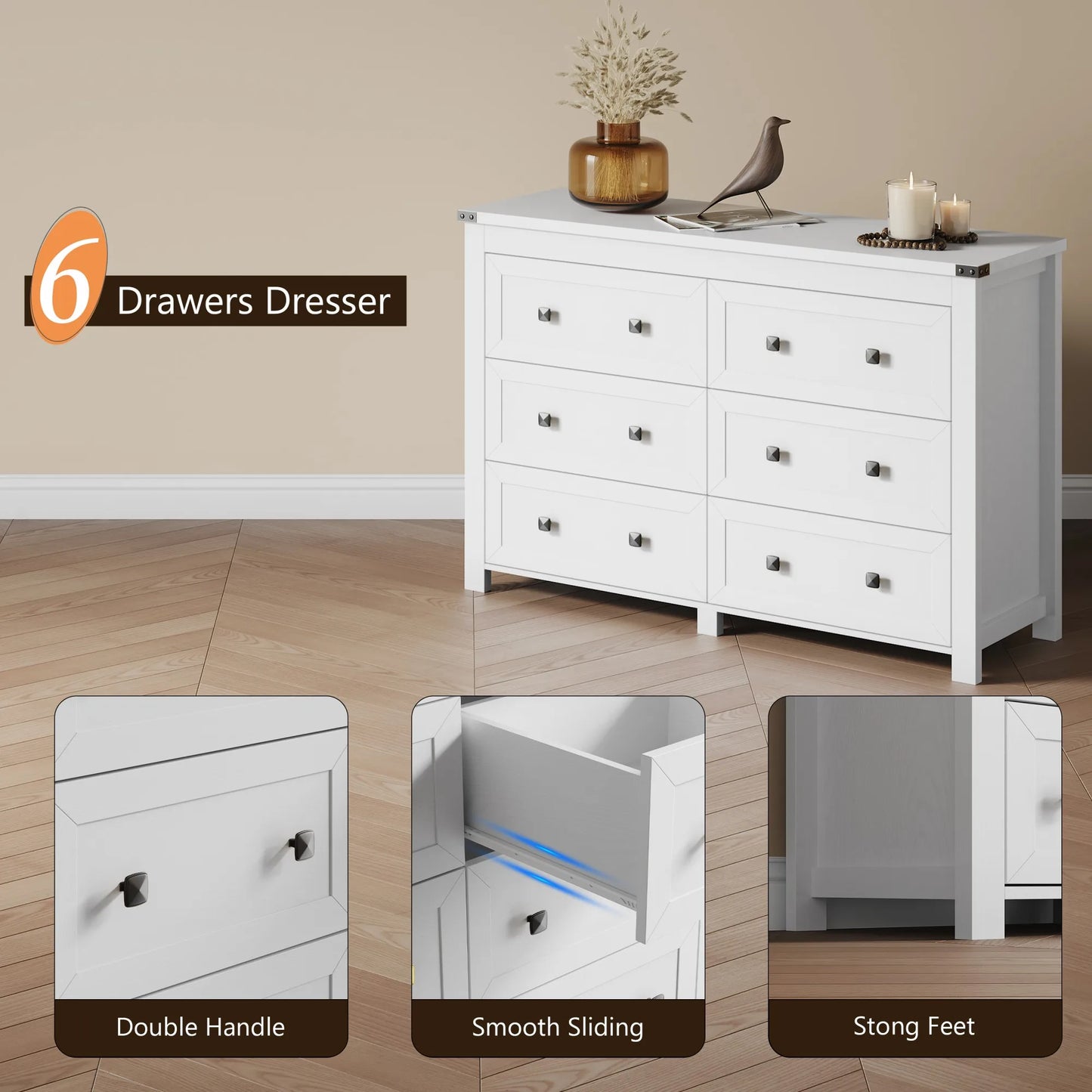 Wood 6 Drawer Dresser With Ample Wardrobe Style Bedroom Storage