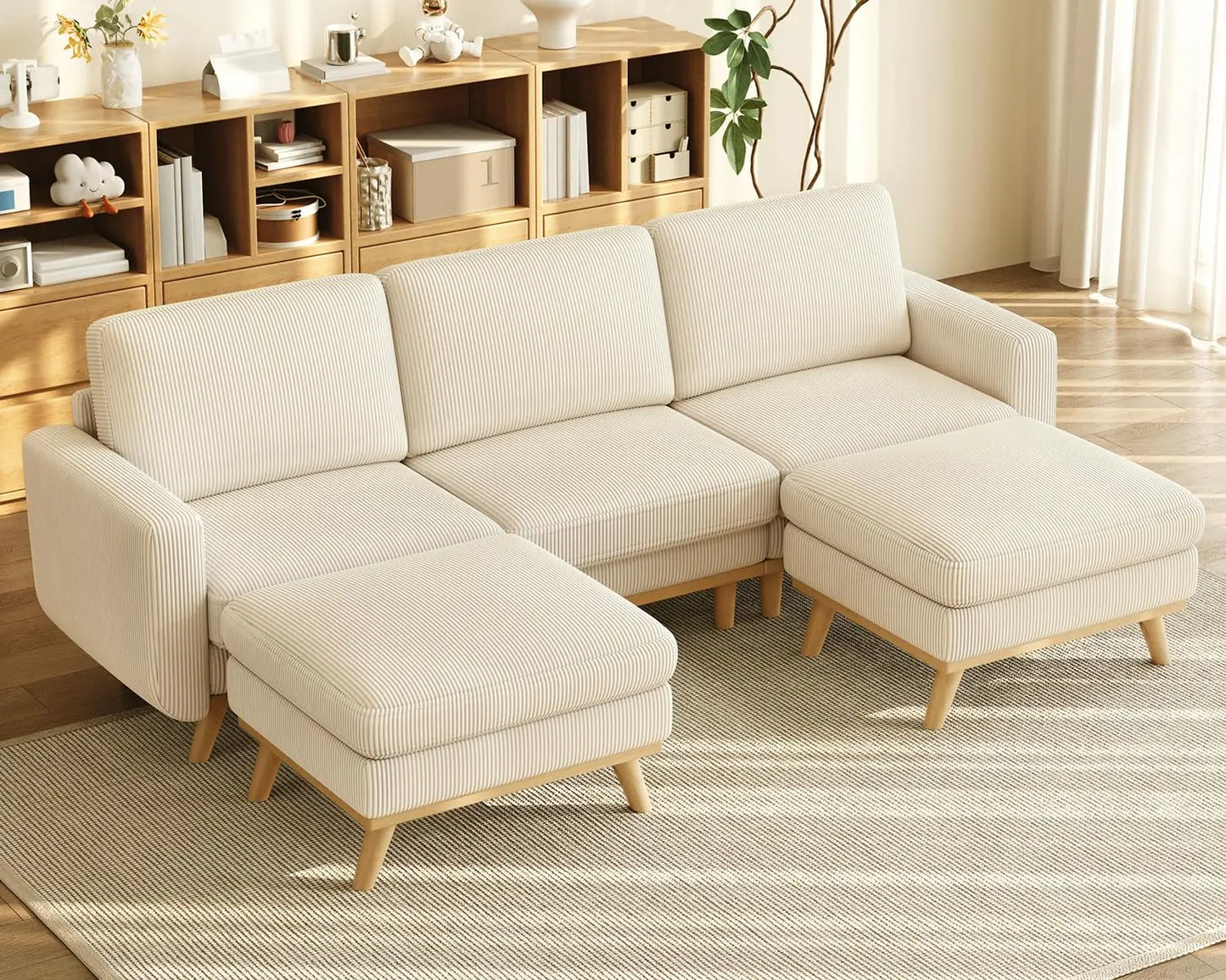 Corduroy L-Shape Modular Sofa With Movable Ottoman Sectional