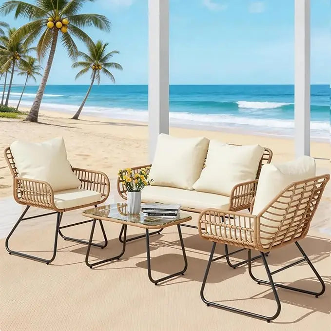 4-Piece Wicker Outdoor Patio Furniture Set with Cushions & Tempered Glass Table The Pet & Home Store
