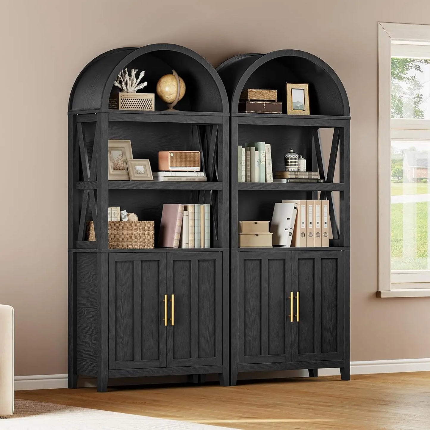 71" Arched Wooden Media Storage Cabinet 5-Tier Open Shelf Bookcase for Living Room, Home Office, Customized The Pet & Home Store