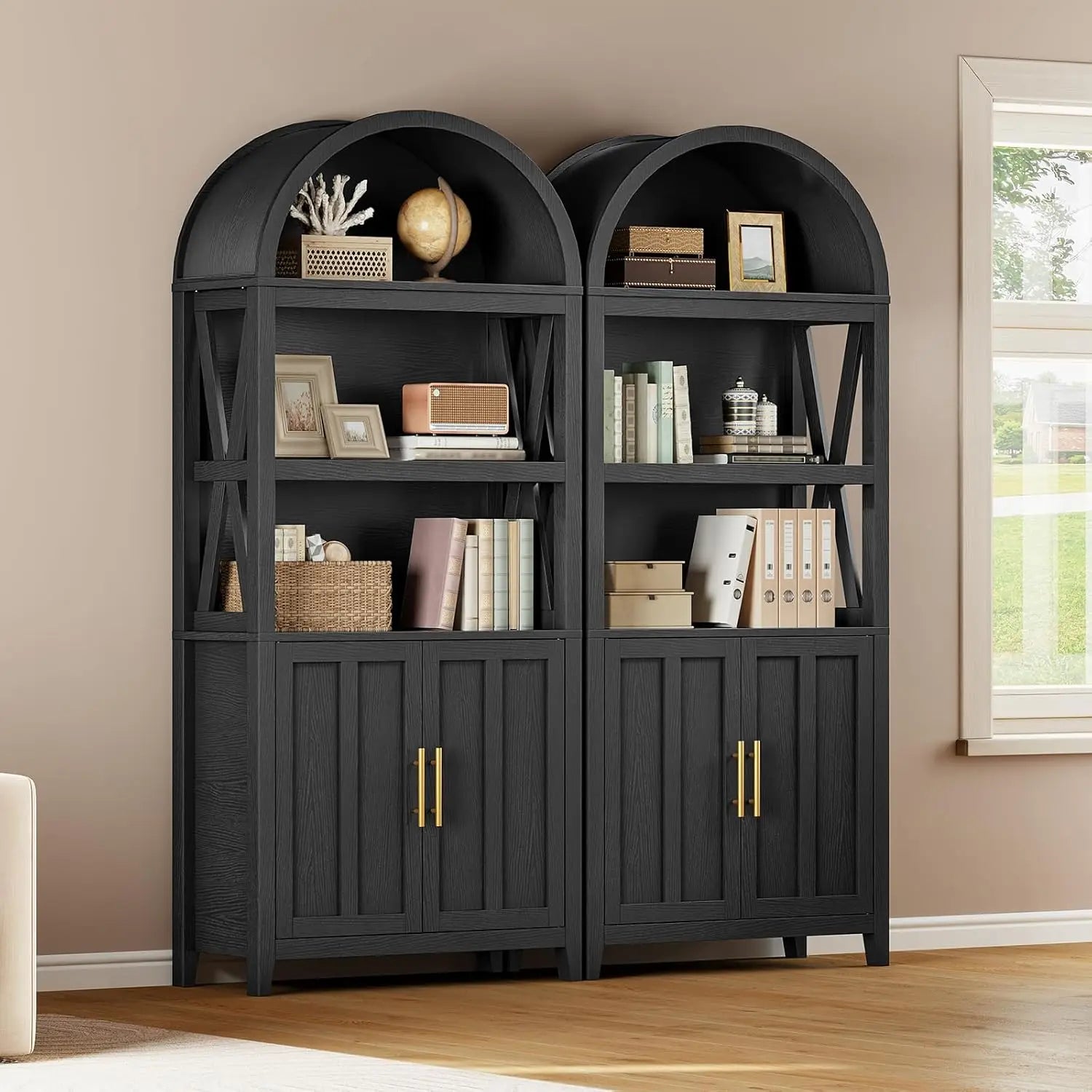 71" Arched Wooden Media Storage Cabinet 5-Tier Open Shelf Bookcase for Living Room, Home Office, Customized The Pet & Home Store