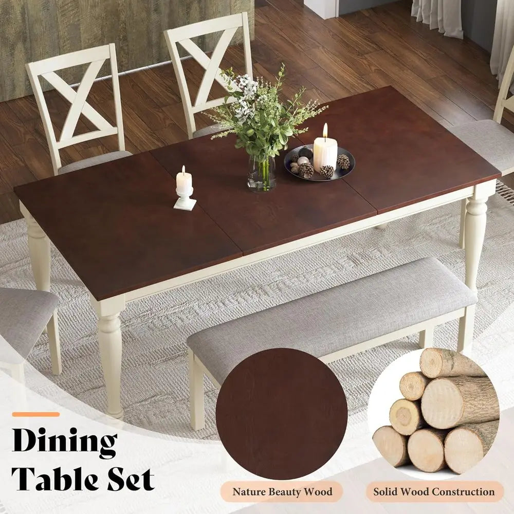 6-Piece armhouse Dining Table Set or 6-7, 71" Solid Wood Kitchen Table and Chairs, 1 Dining Table, 4 Upholstered Chairs and 1 Be