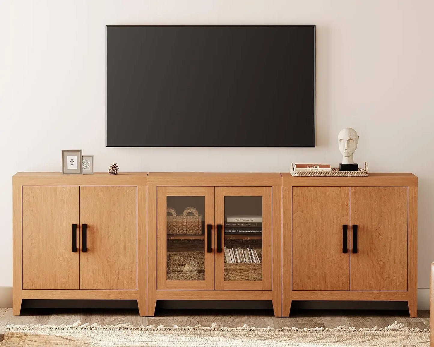 Farmhouse TV Stand for TVs up to 85 Inch, 3-Piece Modular Entertainment Center with Glass and Wood Doors, Media, Customized