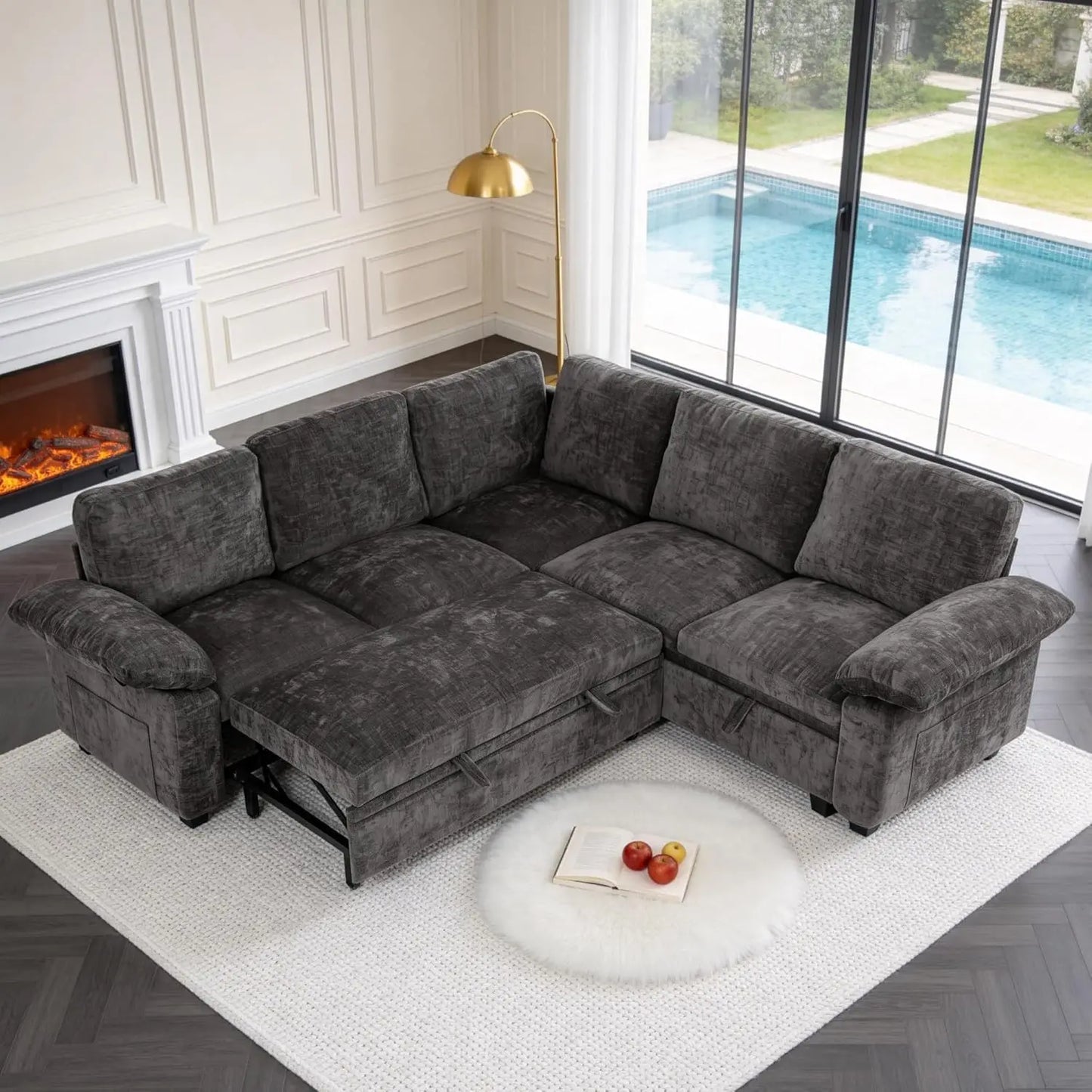 86 Inch Sectional Sleeper L Shaped Sofa with Pull Out Bed, Modular Sectional Sofa with Storage, Modern Chenille 5, Customized