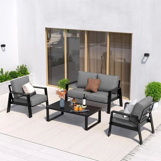 Aluminum 4 Piece Sectional Outdoor Furniture Set with Coffee Table Thick Cushions for Patio Porch Balcony Garden, Customized