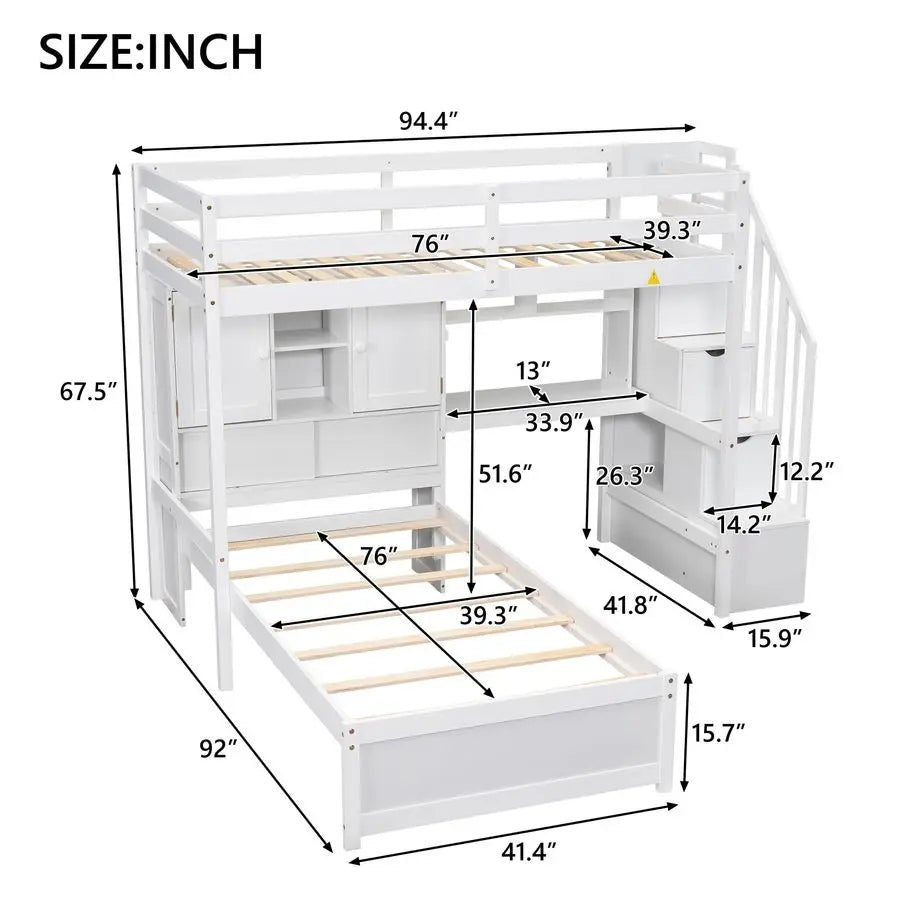 MBVM Twin Over Twin Bunk Bed With Desk And Storage