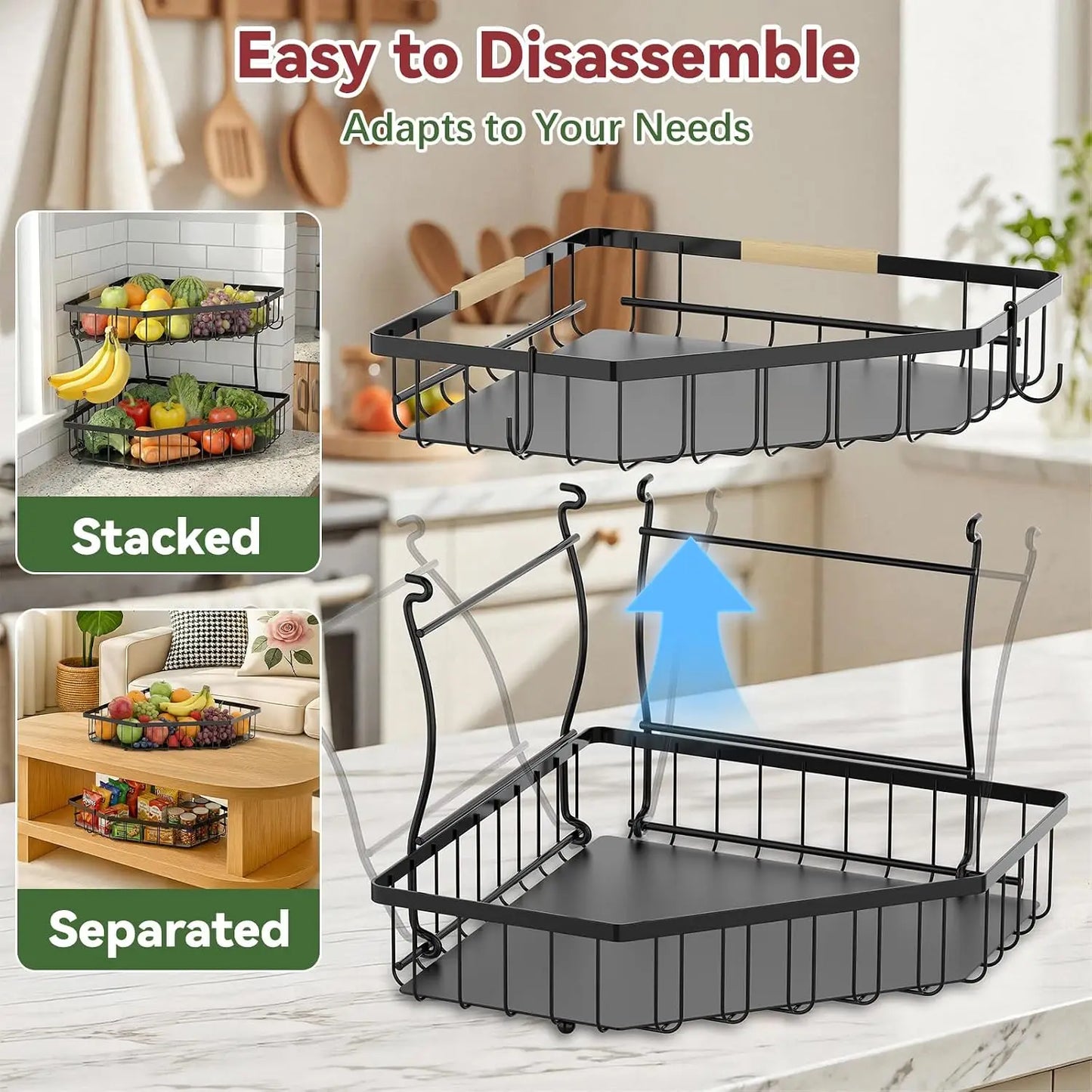 2-Tier Fruit Basket for Corner with Banana Hangers, Detachable, Large Capacity, Black