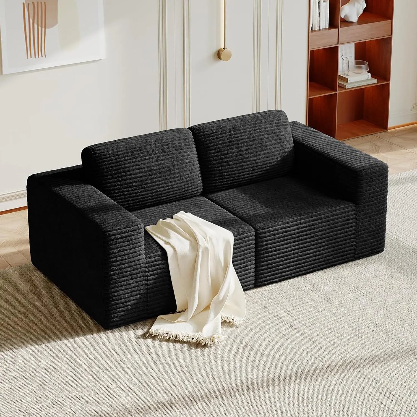 Corduroy L-Shape Modular Sofa With Movable Ottoman Sectional