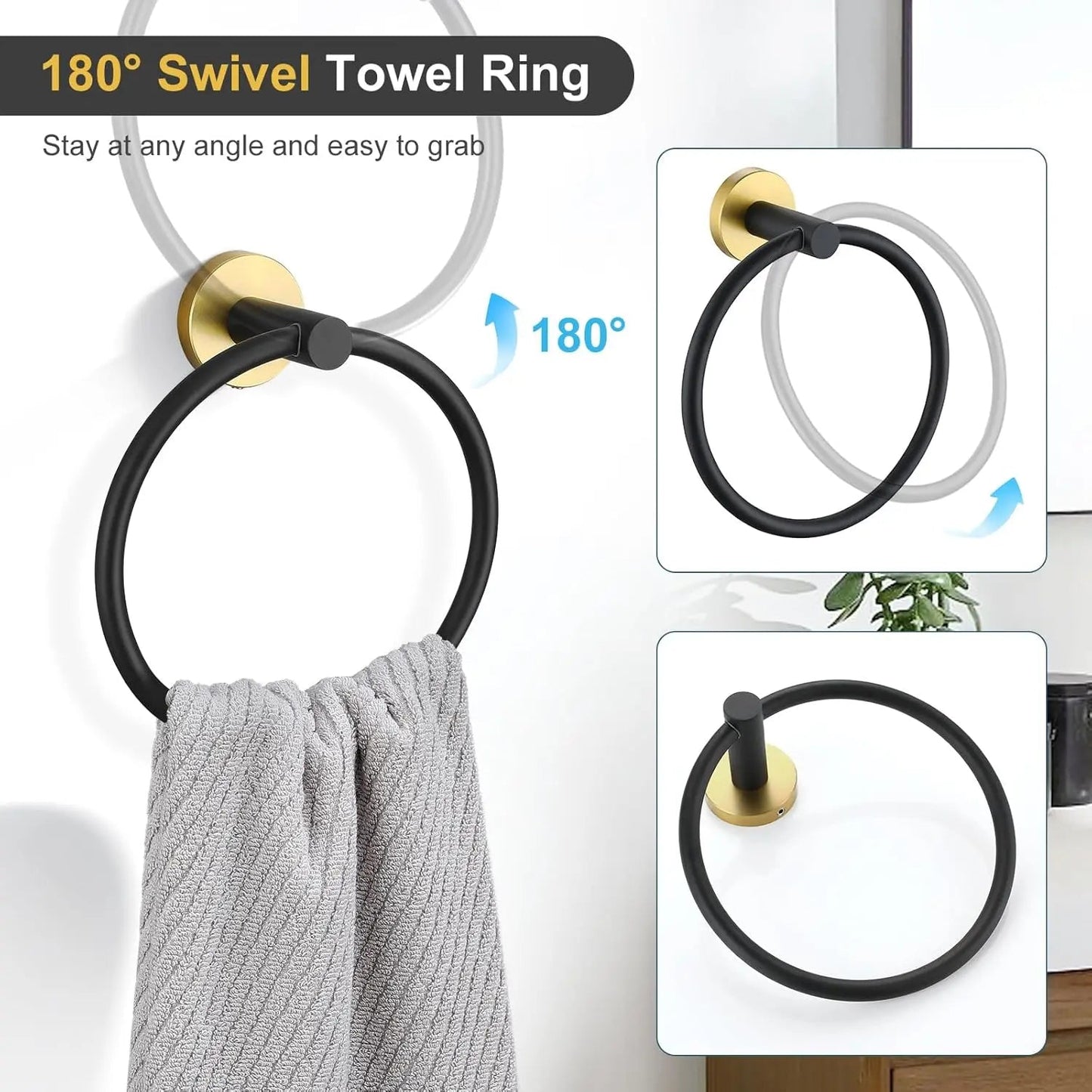 Black Gold Bathroom Hardware Set Accessories Wall Mounted Stainless Steel Towel Bar Towel Ring Toilet Paper Holder Hook Bathroom The Pet & Home Store