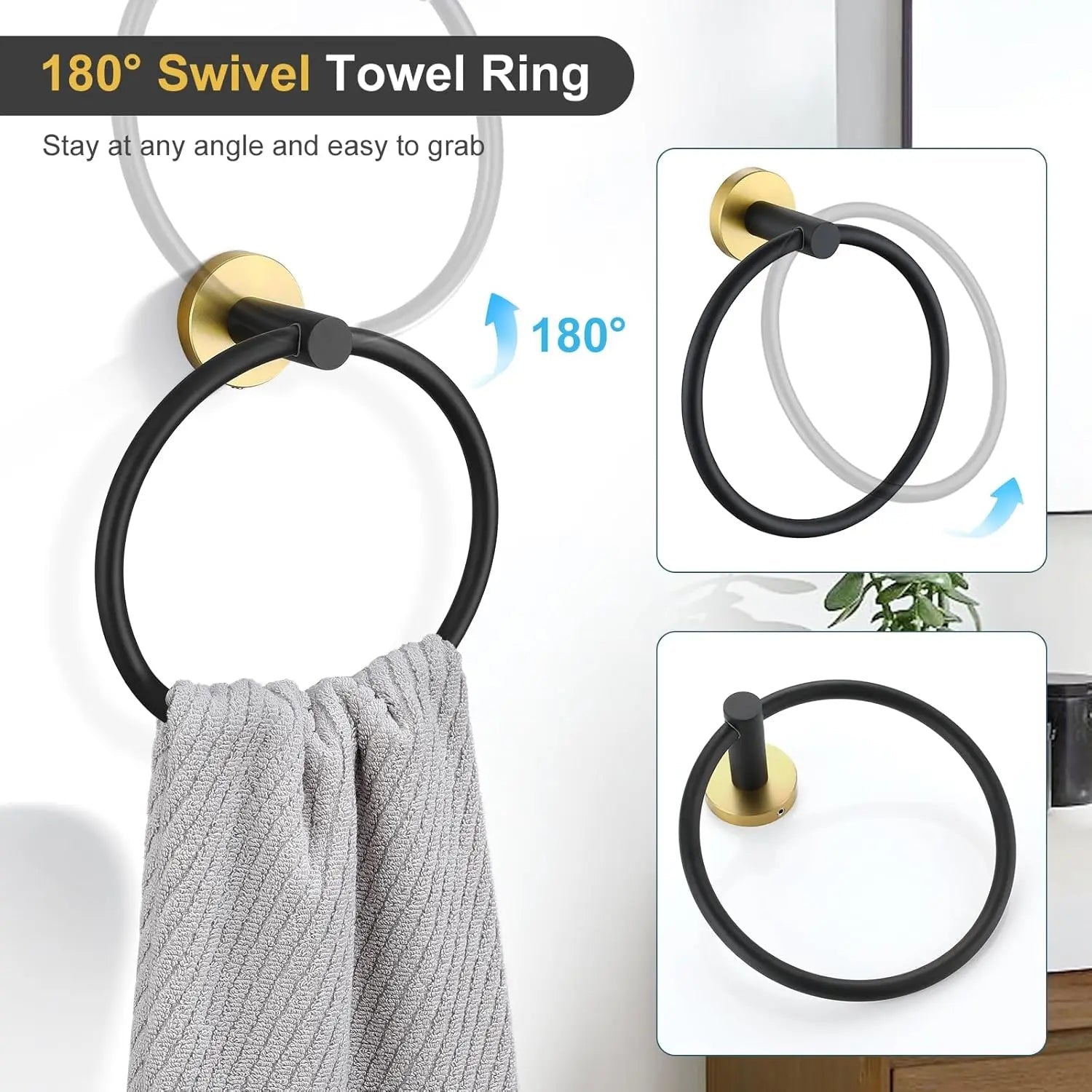 Black Gold Bathroom Hardware Set Accessories Wall Mounted Stainless Steel Towel Bar Towel Ring Toilet Paper Holder Hook Bathroom The Pet & Home Store