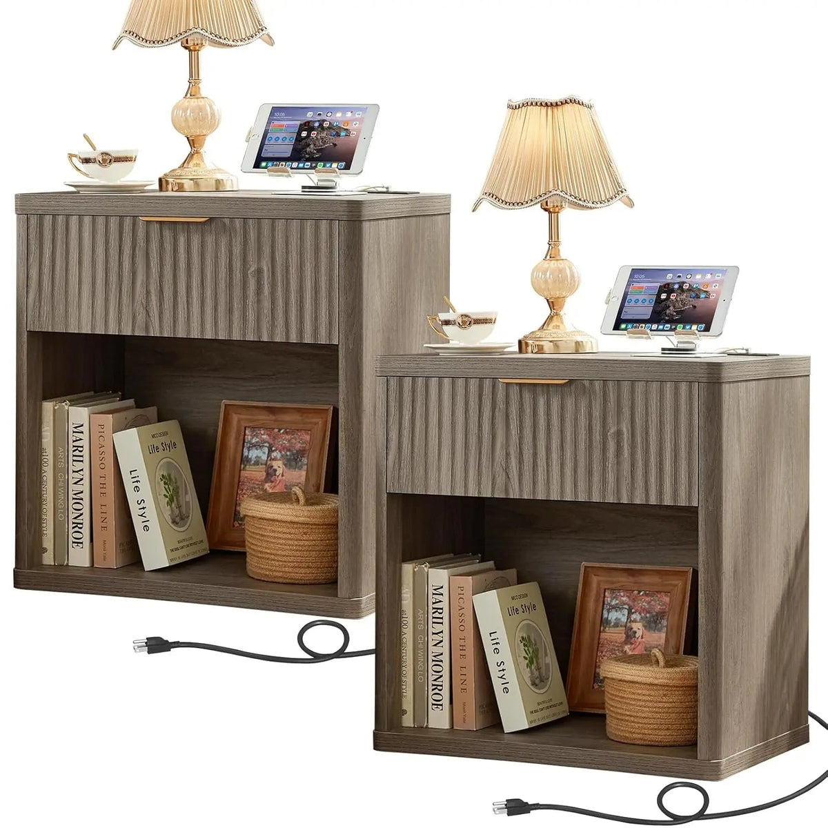 Set of 2 Wide Fluted Farmhouse Nightstands with Charging Station The Pet & Home Store