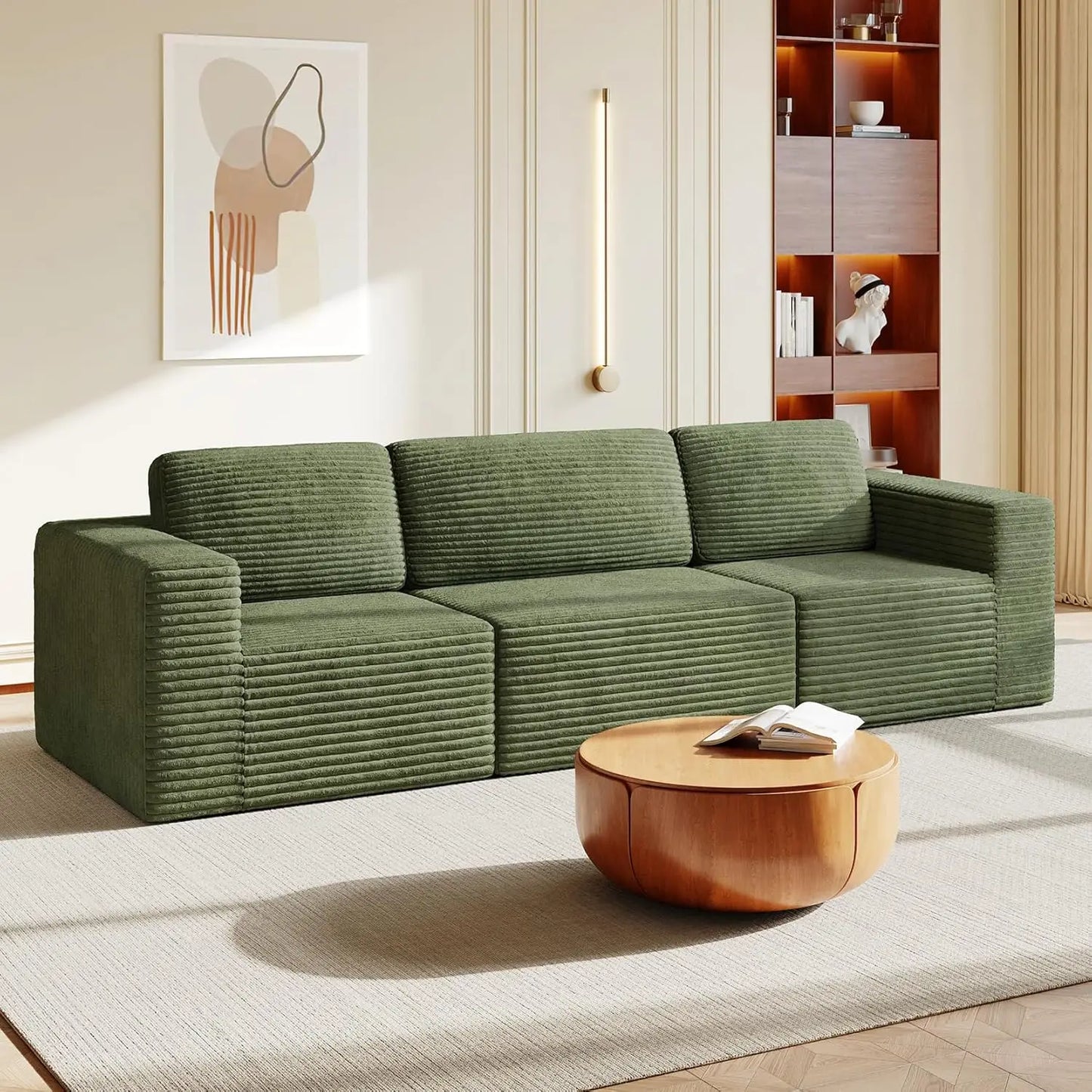 Corduroy L-Shape Modular Sofa With Movable Ottoman Sectional