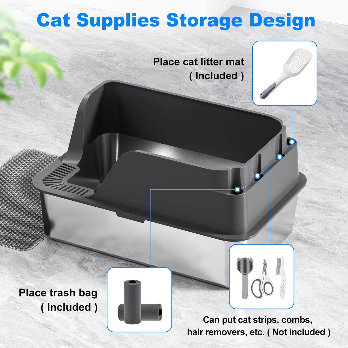 Stainless Steel Cat Litter Box Splash Proof Leakproof