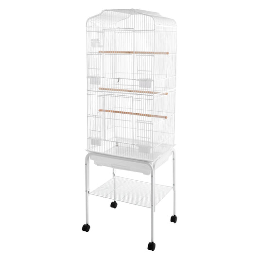 Large Bird Cage with Stand & Wheels, 47x37x137cm Flight Cage for Cockatiels Parrots Finches with Lockable Door (White/Black))