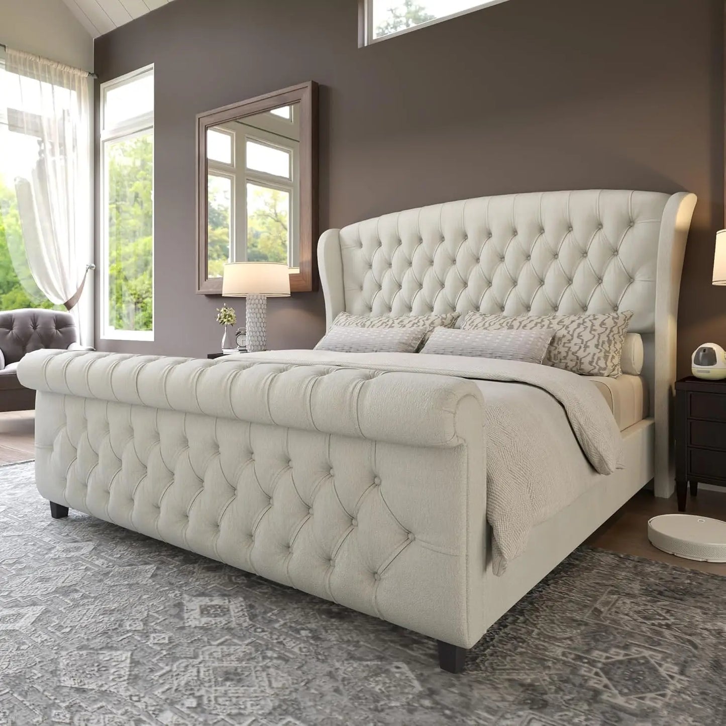 California King Size Platform Bed Frame, Velvet Upholstered Sleigh Bed with Scroll Wingback Headboard & Footboard/Button Tufted/