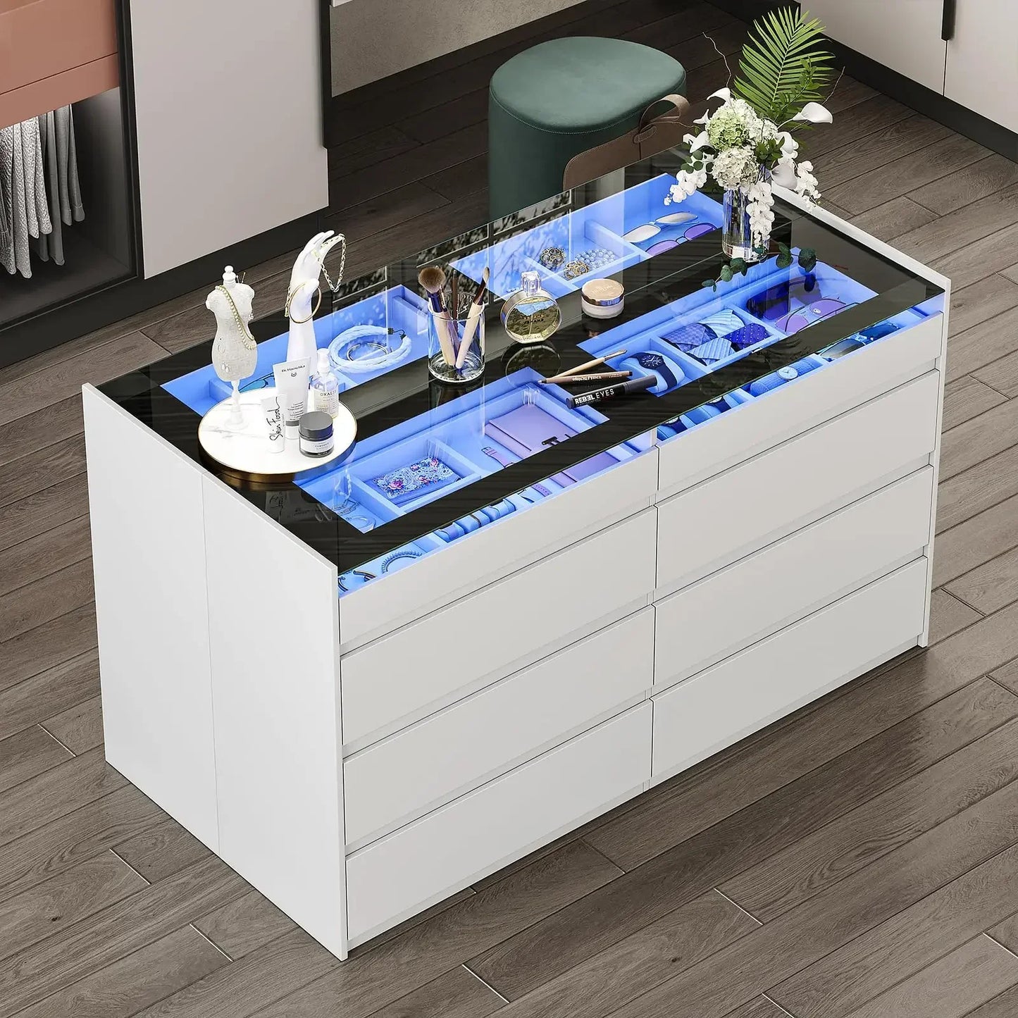 LIVAUVEAD Closet Island Drawers Glass Display Shelf