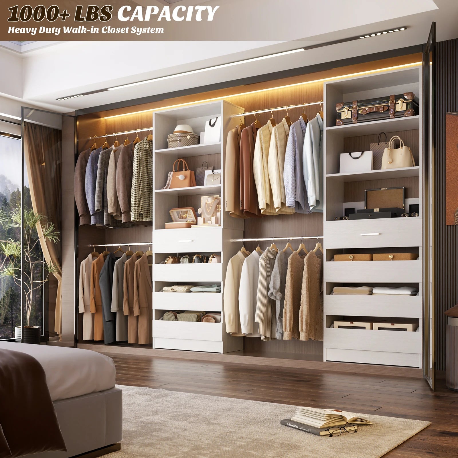 4-9Ft Closet System with 4 Wooden Drawers, Walk-in Closet Organizer Wardrobe Clothes Rack with 4 Hanging Rods, Garment Rack The Pet & Home Store