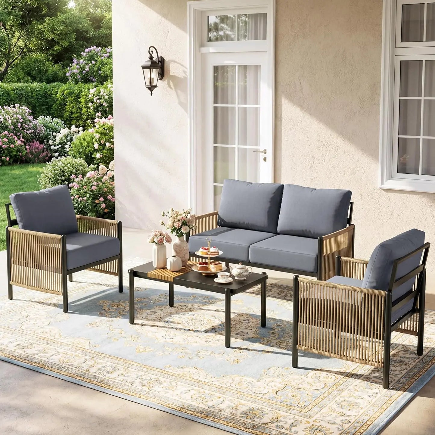 Bamboo Outdoor Patio Furniture Set For Four With Cushions Table