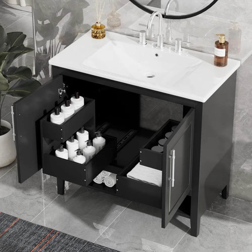 Modern Bathroom Vanity With Ceramic Sink And Open Shelf