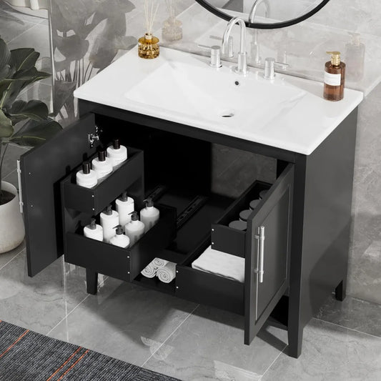 Modern Bathroom Vanity With Ceramic Sink And Open Shelf