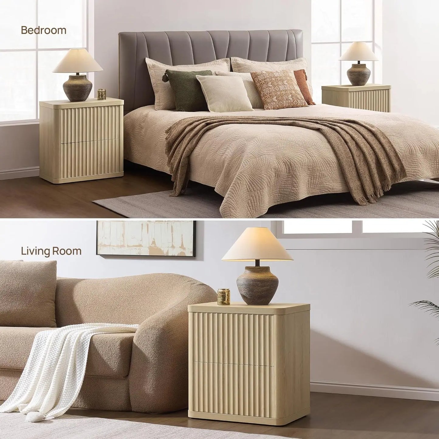 Night Stand Set of 2 Nightstands with 2 Drawers Storage Bedside Table Large Fluted Bed Side End Table Modern 24.4", Customized