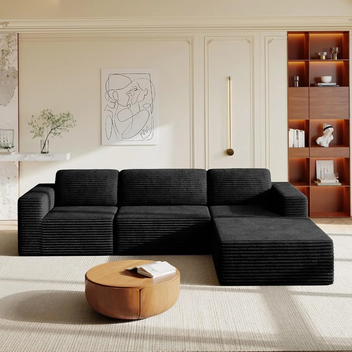 Corduroy L-Shape Modular Sofa With Movable Ottoman Sectional