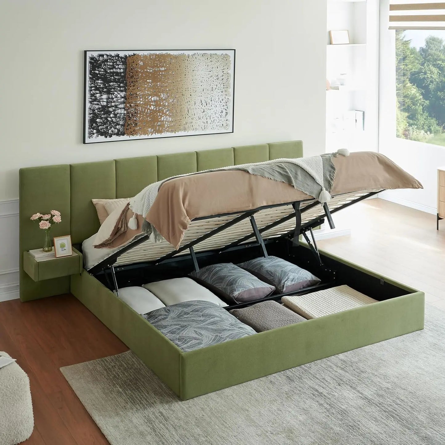 King Upholstered Platform Bed With Lift-Up Storage Velvet Headboard