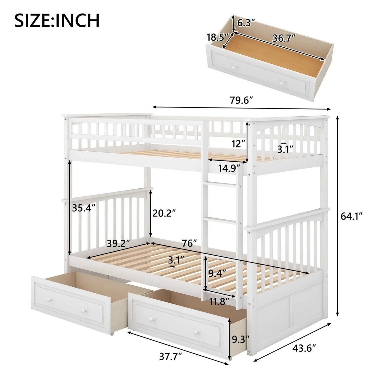 Twin over Twin Bunk Bed with Drawers, Convertible Beds, White(Old SKU: SM000240AAK-1) The Pet & Home Store