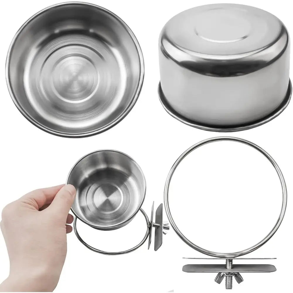 Stainless Steel Bird Feeding Bowls with Clamp, Suitable for Parrots, Cockatiels, Budgies, and Small Animals