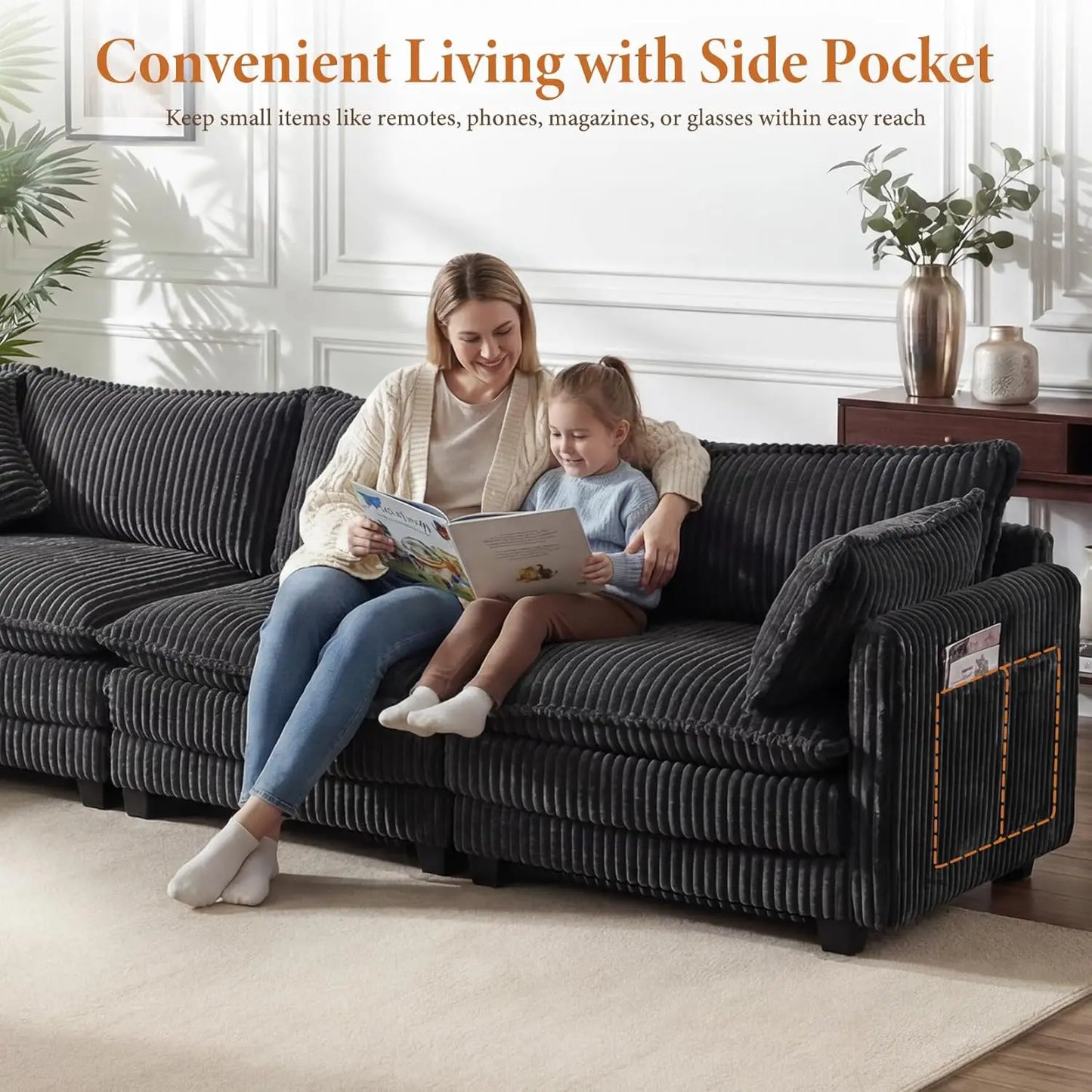L Shape Modular Sectional Sofa Corduroy Cloud Living Room 3 Seat Ottoman Pillows Dark Grey, Custom