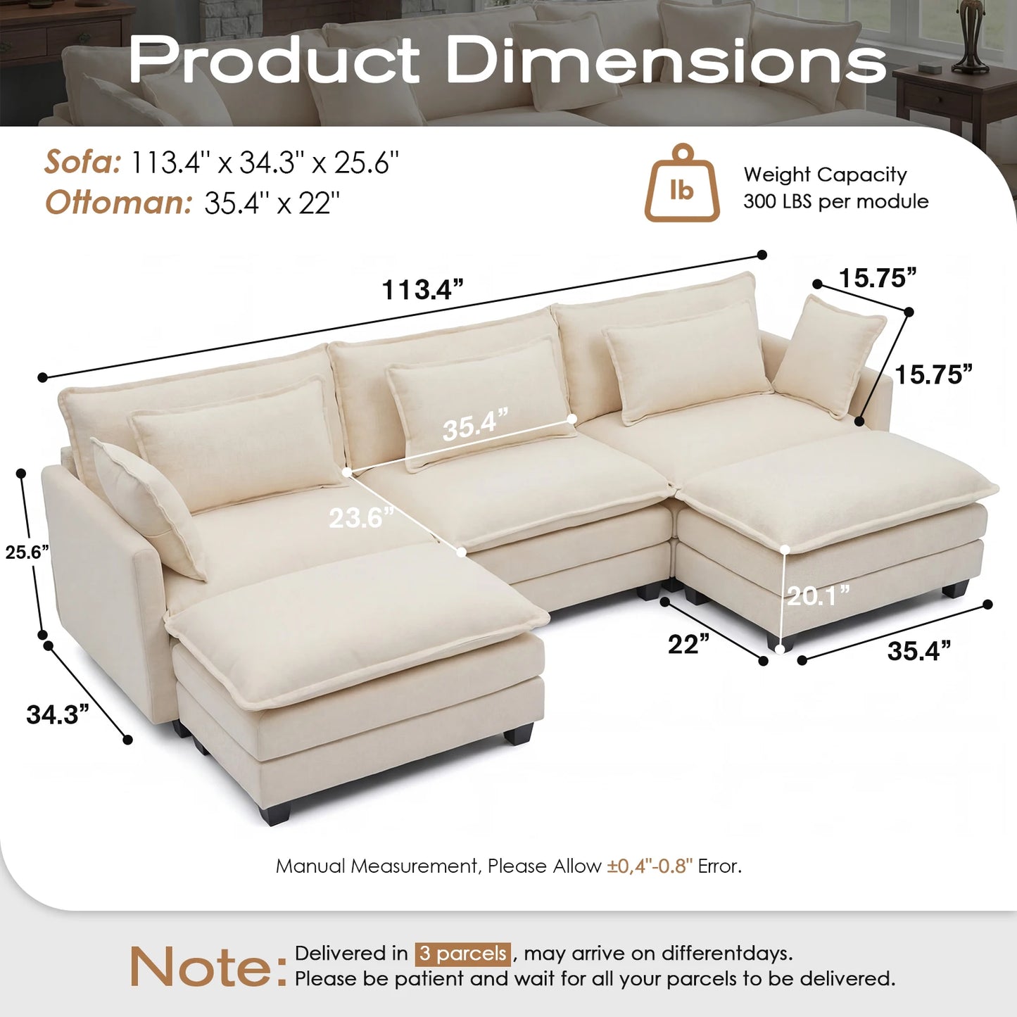 Redlife 113.4" Modular Sectional Sofa with Ottoman, Comfy Cloud Couch with Deep Seat (23.6" D), Solid Wood Frame,for Living Room