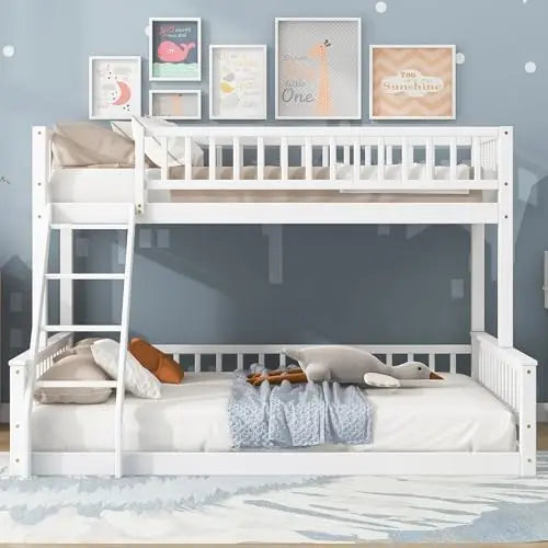 Me Twin XL Over Queen Bunk Bed for Adults Teens, Wooden Floor Bunk Beds Twin XL Over Queen with Ladder and Guardrails