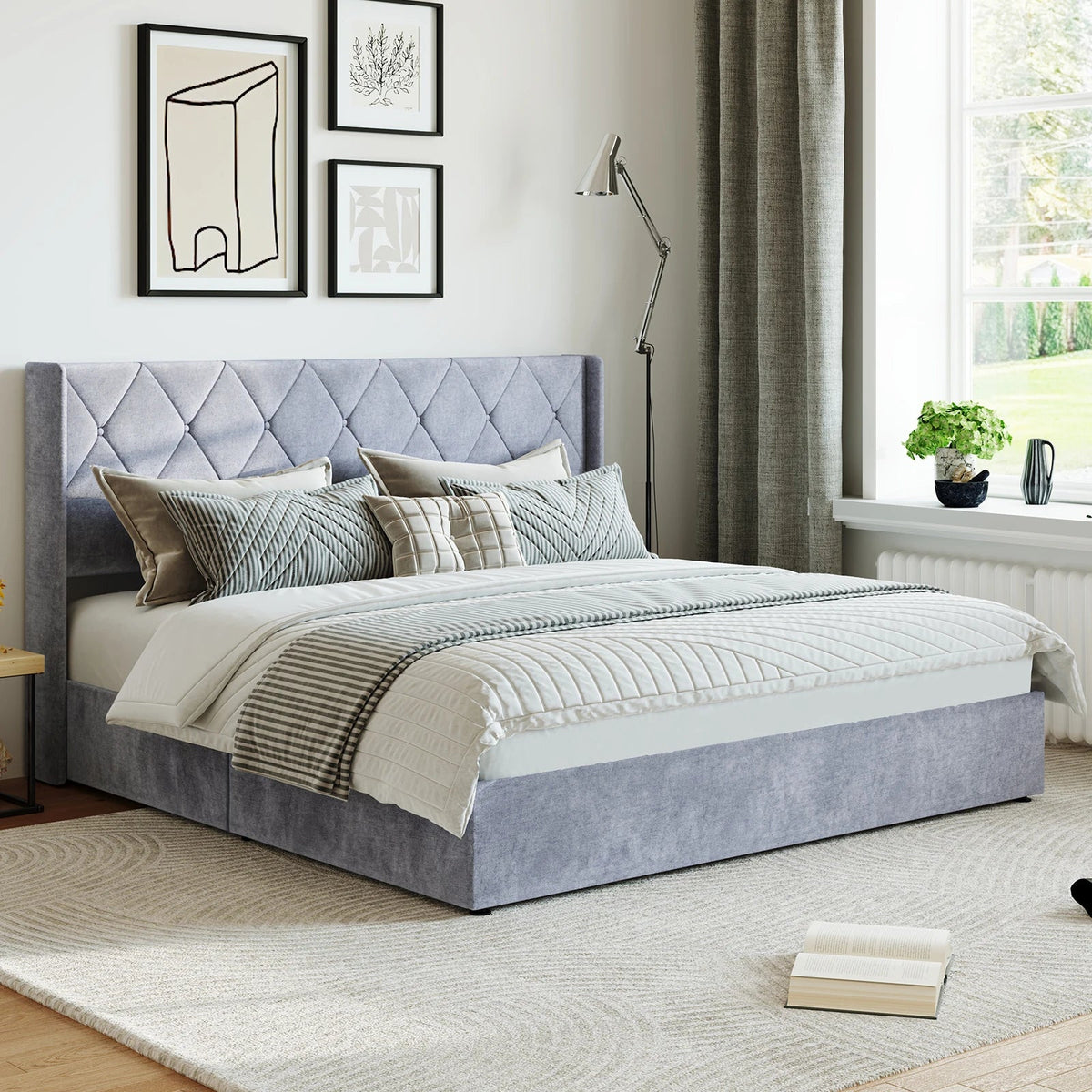 JHK Modern Upholstered Hydraulic Lift Storage Bed Wingback Headboard The Pet & Home Store