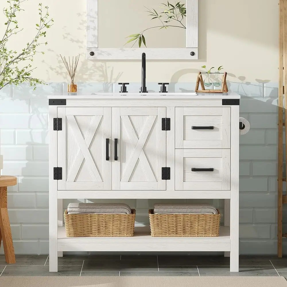 Farmhouse Vanity With Sink And Barn Door Cabinet