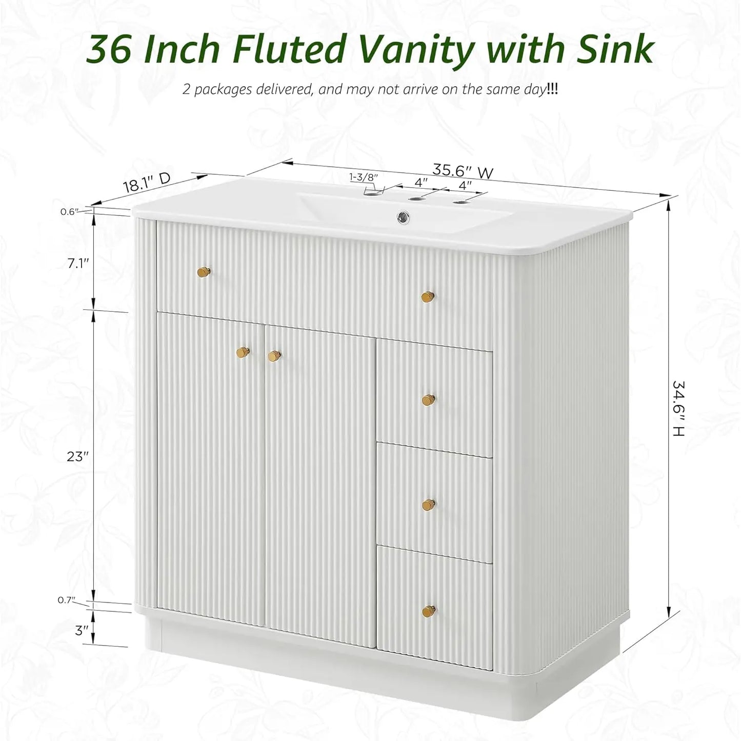 36in Modern Fluted Bathroom Vanity with Sink Storage Cabinet Adjustable Shelf & 3 Drawers Solid White, Custom
