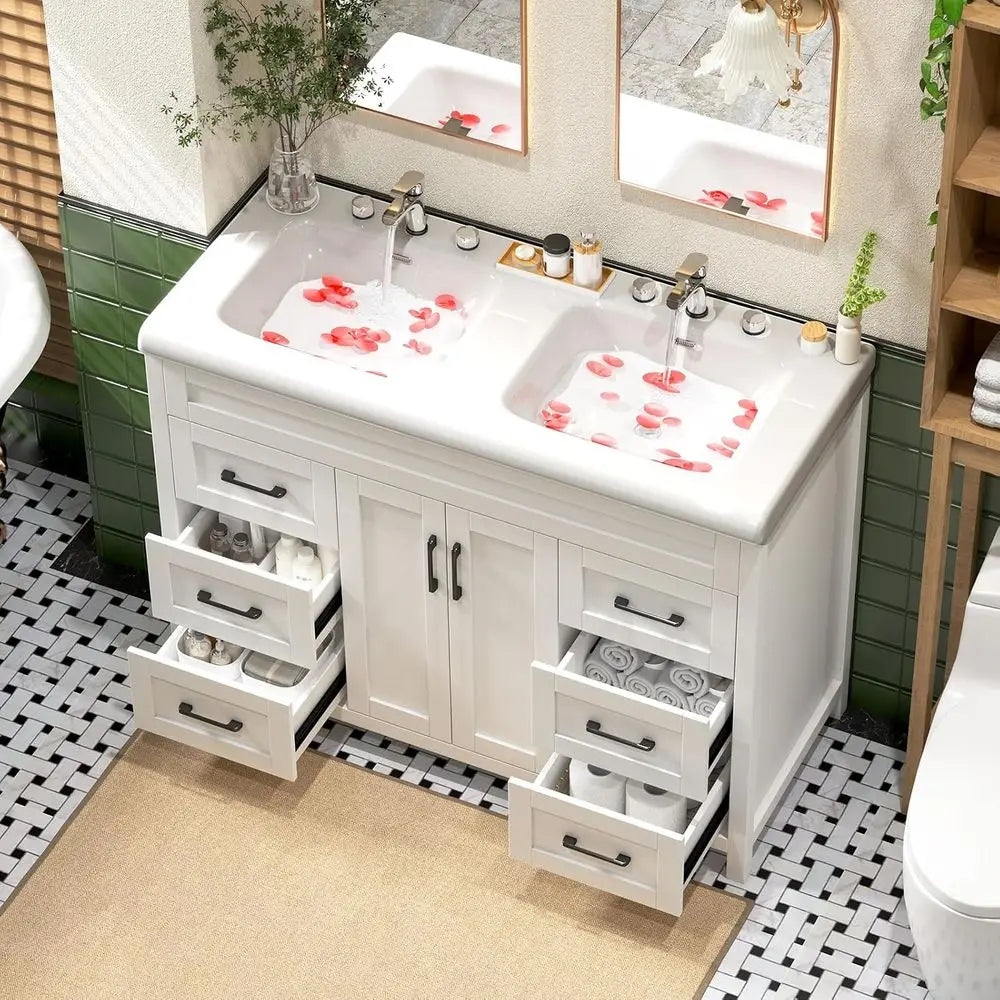 48 Inch Bathroom Vanity with Sink, Bathroom Vanity Cabinet with Doulble Sink, Bath Vanities with 2 Doand 4 Ders, White (20" D x